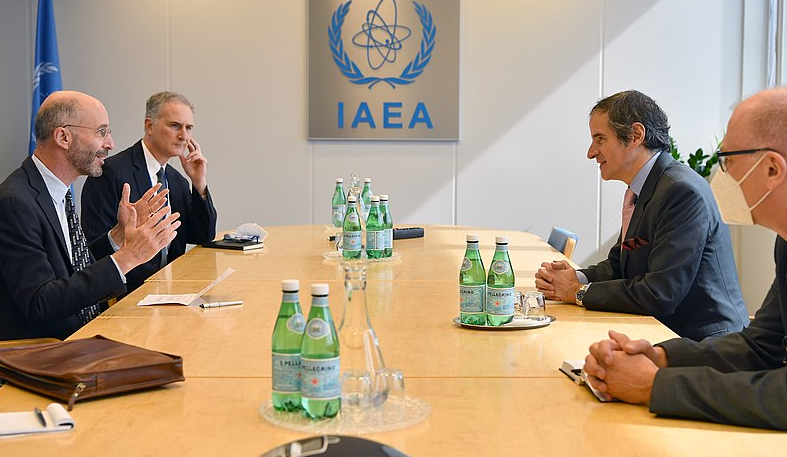 Pictured left, U.S. Special Envoy Robert Malley meets with the International Atomic Energy Agency on Iran nuclear talks (Dean Calma / IAEA)