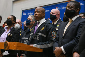 New York City Mayor Eric Adams speaks to members of the media at Harlem Hospital on January 21, 2022 in New York City. (Photo by Alexi Rosenfeld/Getty Images)